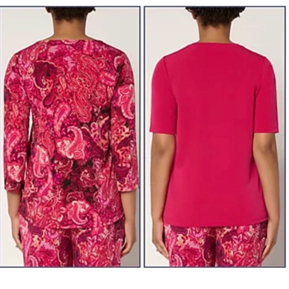 New Susan Graver Set of 2 Liquid Knit Print & Solid Tops Paisley/Rose L A697848 - Picture 2 of 9